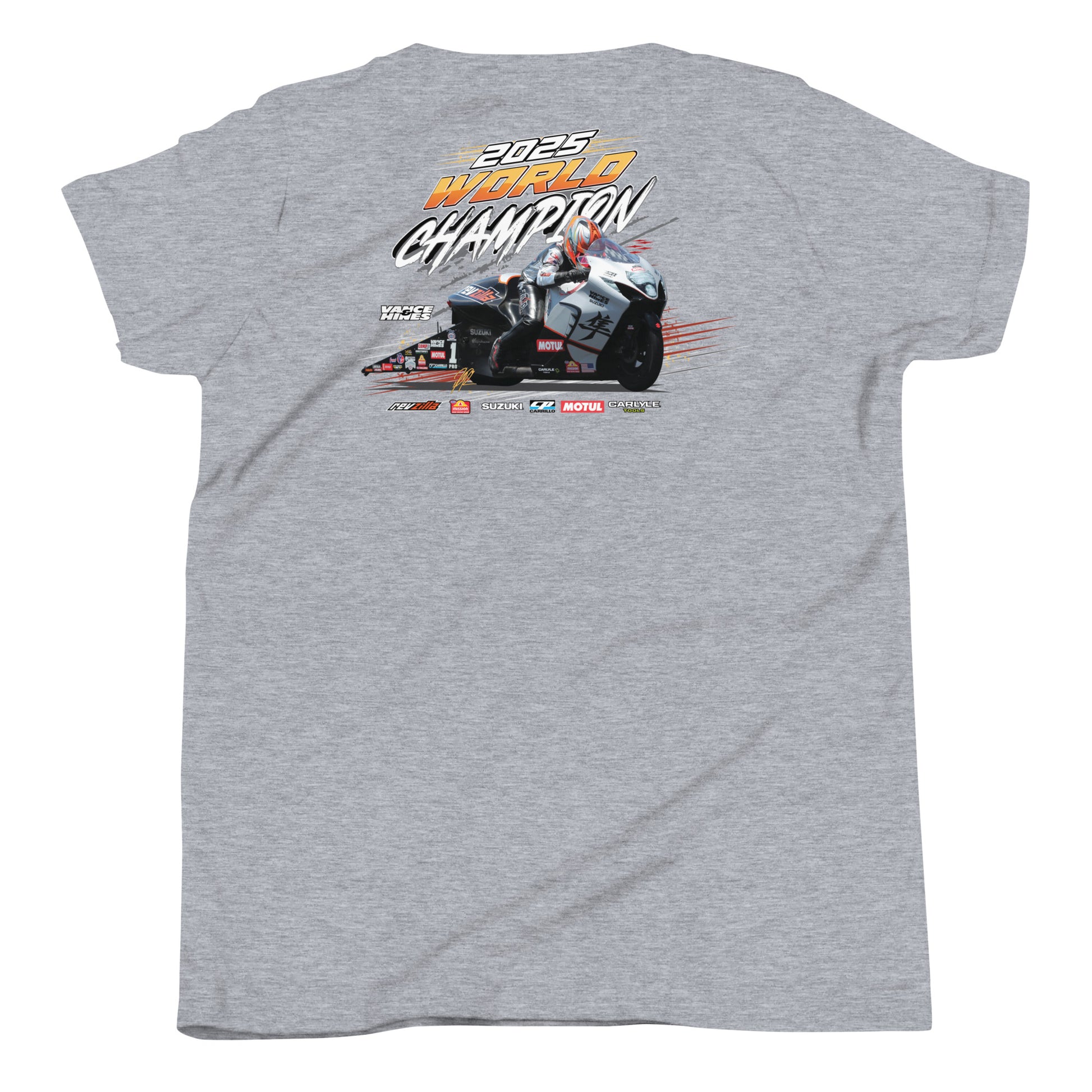 Athletic heather youth t-shirt with 2025 World Champion motorcycle graphic on the back