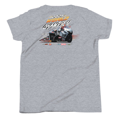 Athletic heather youth t-shirt with 2025 World Champion motorcycle graphic on the back
