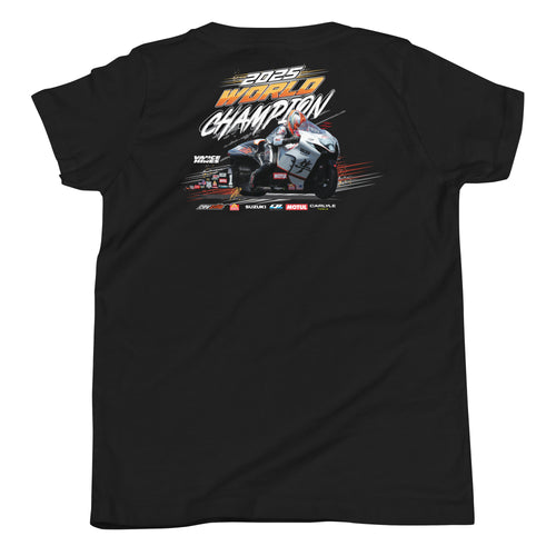 Youth graphic T-shirt, black with racing champion motorcycle front print
