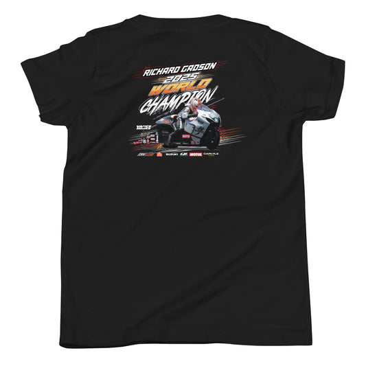 Youth T-shirt, black, back race bike “Champion” graphic.