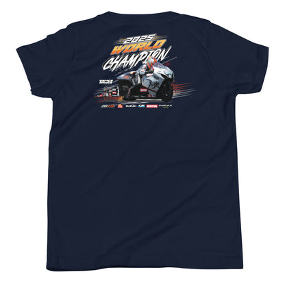 Navy youth t-shirt with 2025 World Champion motorcycle graphic on the back