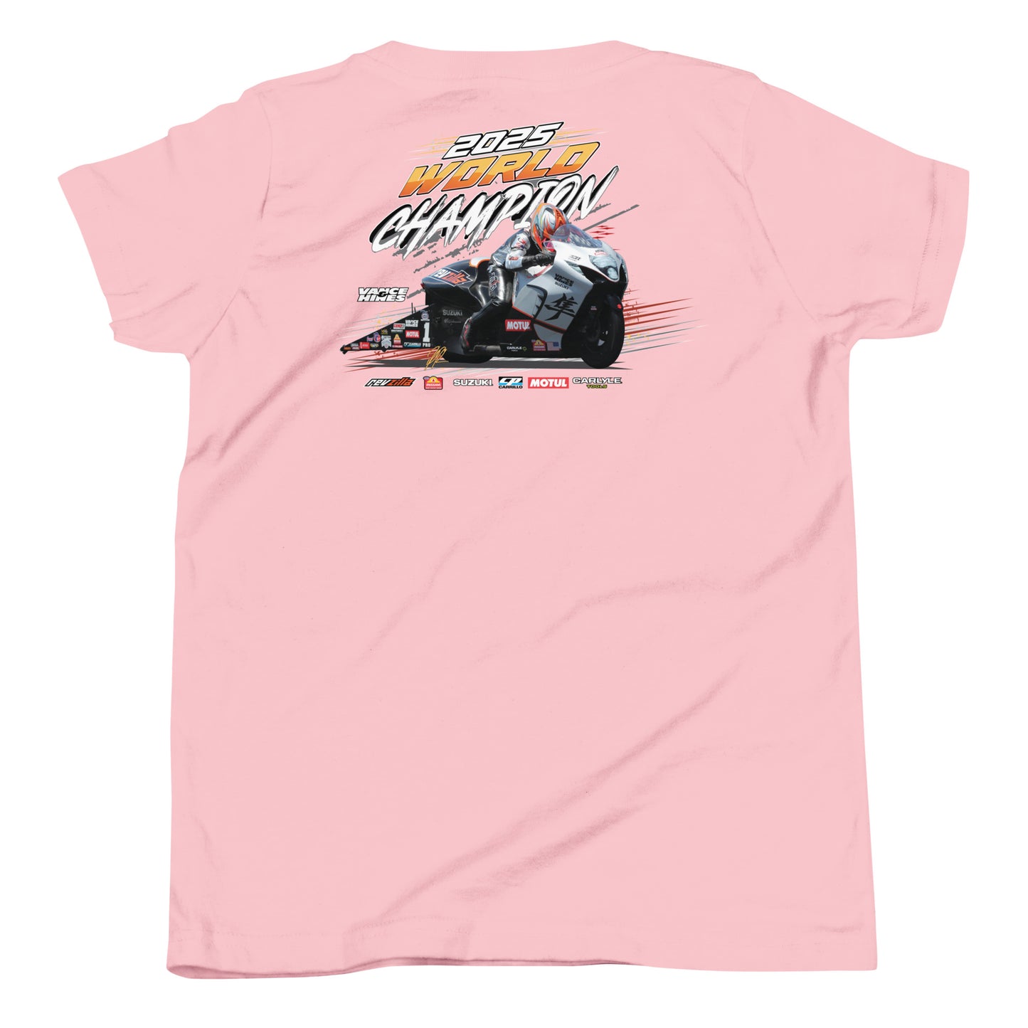 Pink youth t-shirt with 2025 World Champion motorcycle graphic on the back