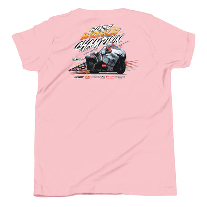 Pink youth t-shirt with 2025 World Champion motorcycle graphic on the back