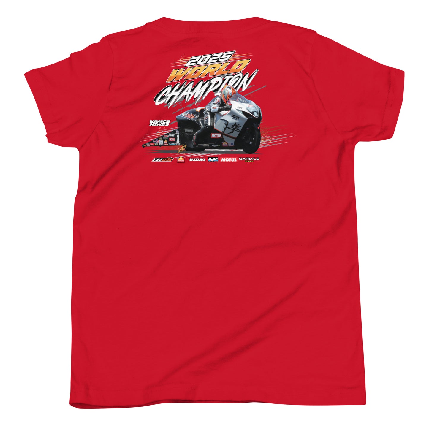 Red youth t-shirt with 2025 World Champion motorcycle graphic on the back